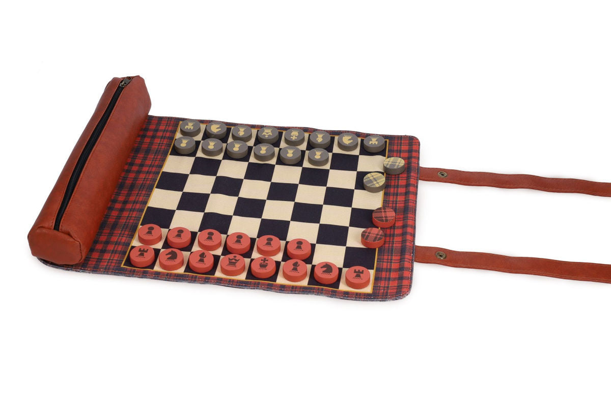 Pendleton Red Black Check Pattern Chess & Checkers : Travel-ready Roll-up Game